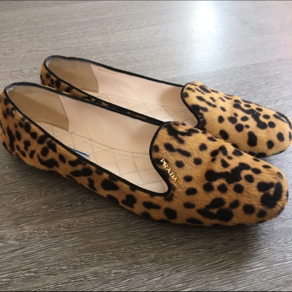 Prada leopard calf hair loafers